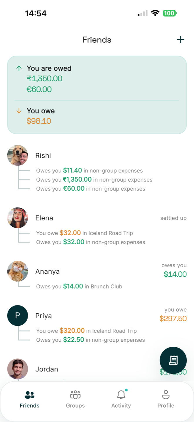SplitSmart friends list with balances in multiple currencies