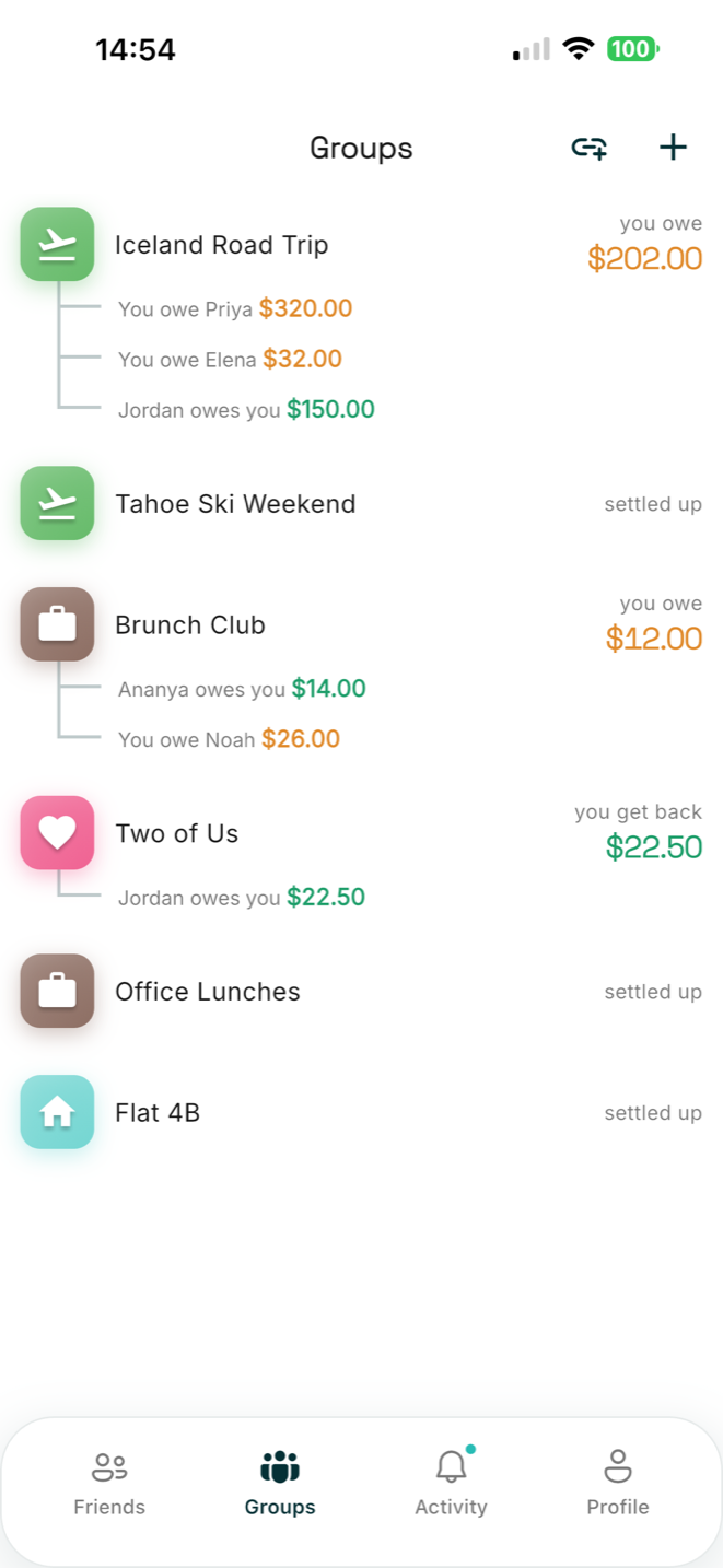 SplitSmart groups list showing a household, a trip, and a friends group