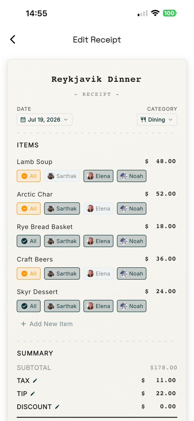 The same receipt scanned into SplitSmart, every item parsed and assigned to a person