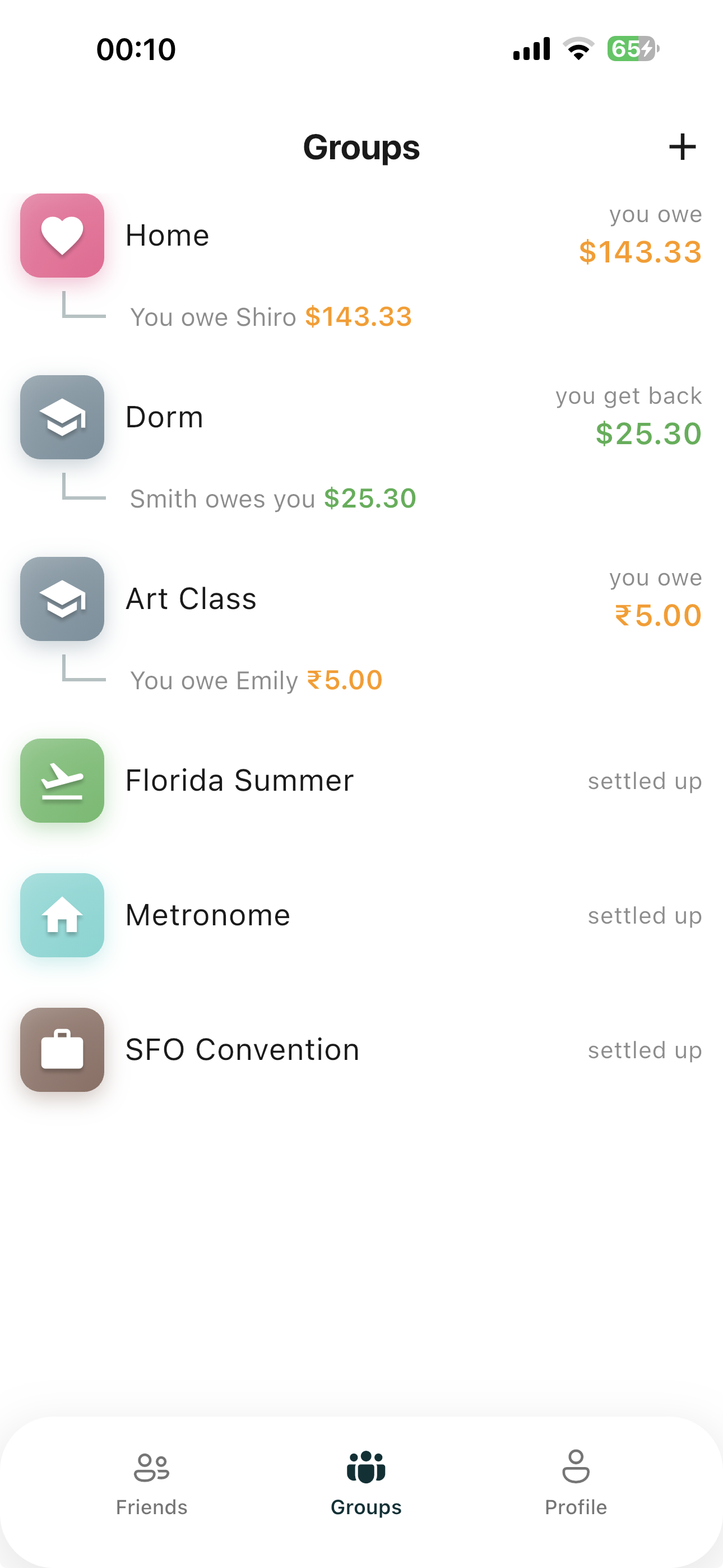 SplitSmart groups list showing different expense groups
