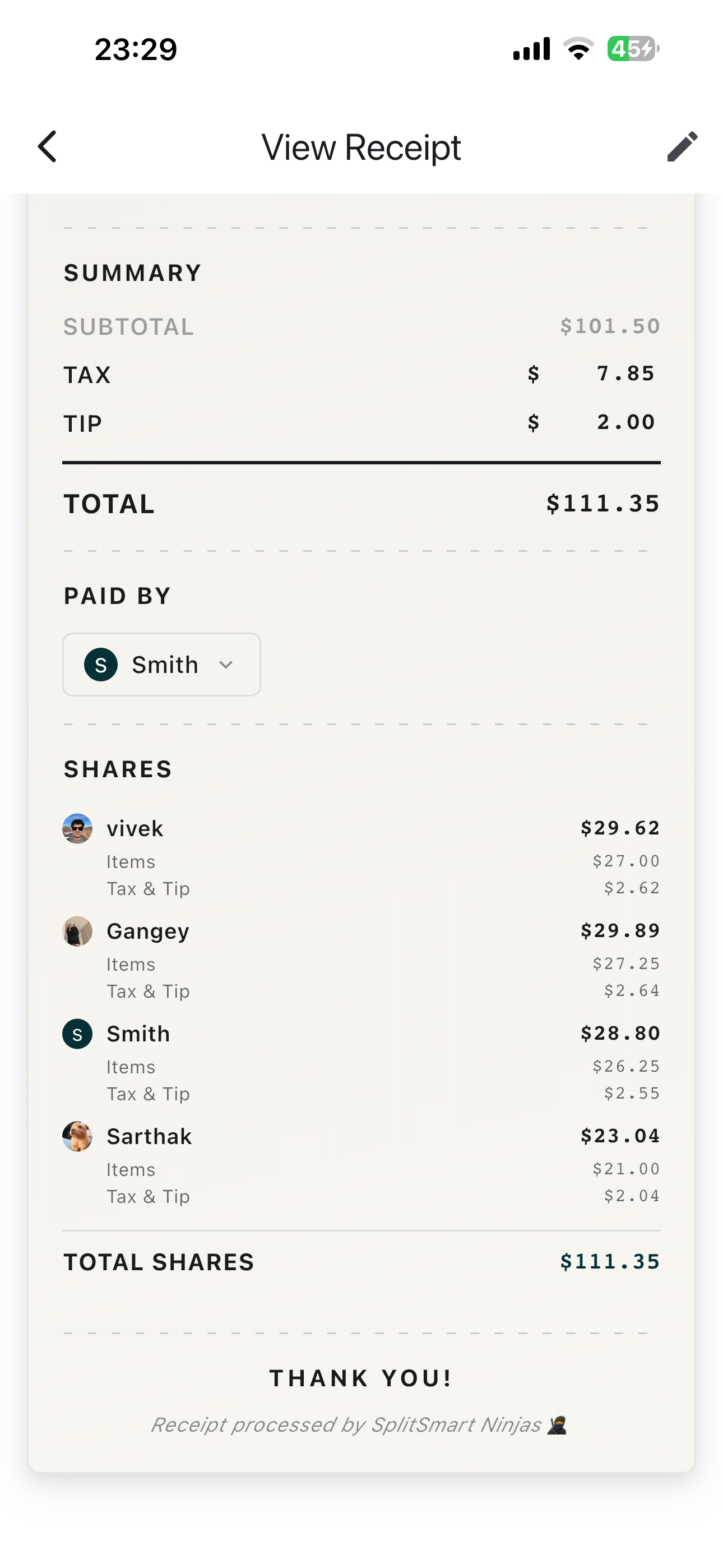 Receipt with items assigned to participants