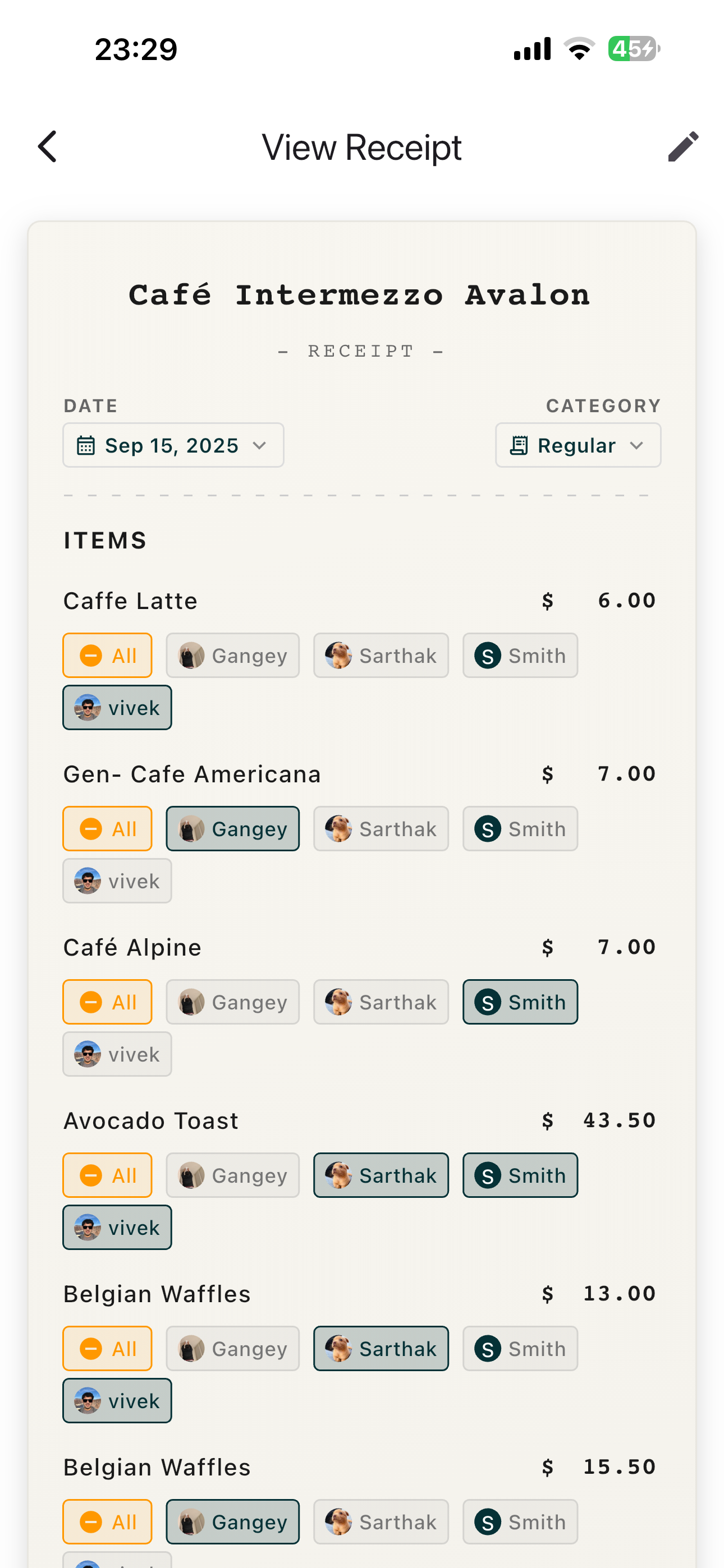 SplitSmart receipt scanning feature showing itemized bill